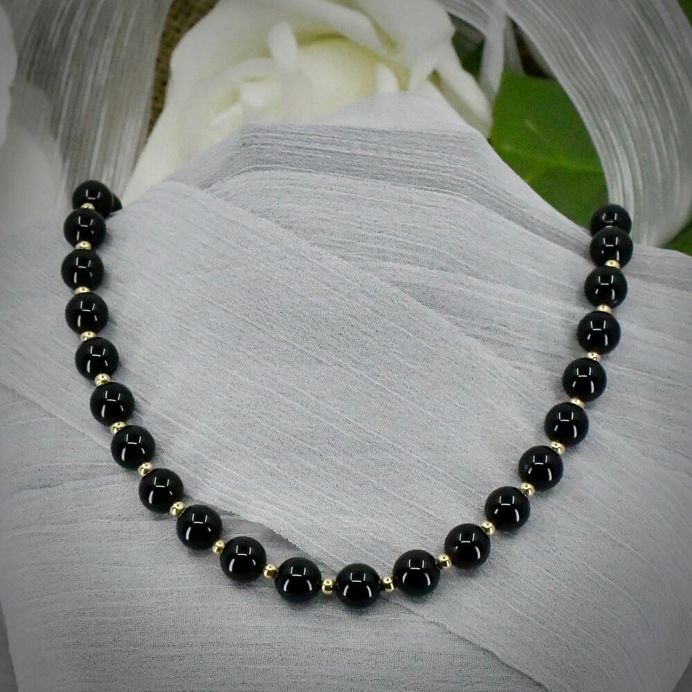 Vintage 32" Endless Black Onyx 14K Gold Spacer Bead Necklace